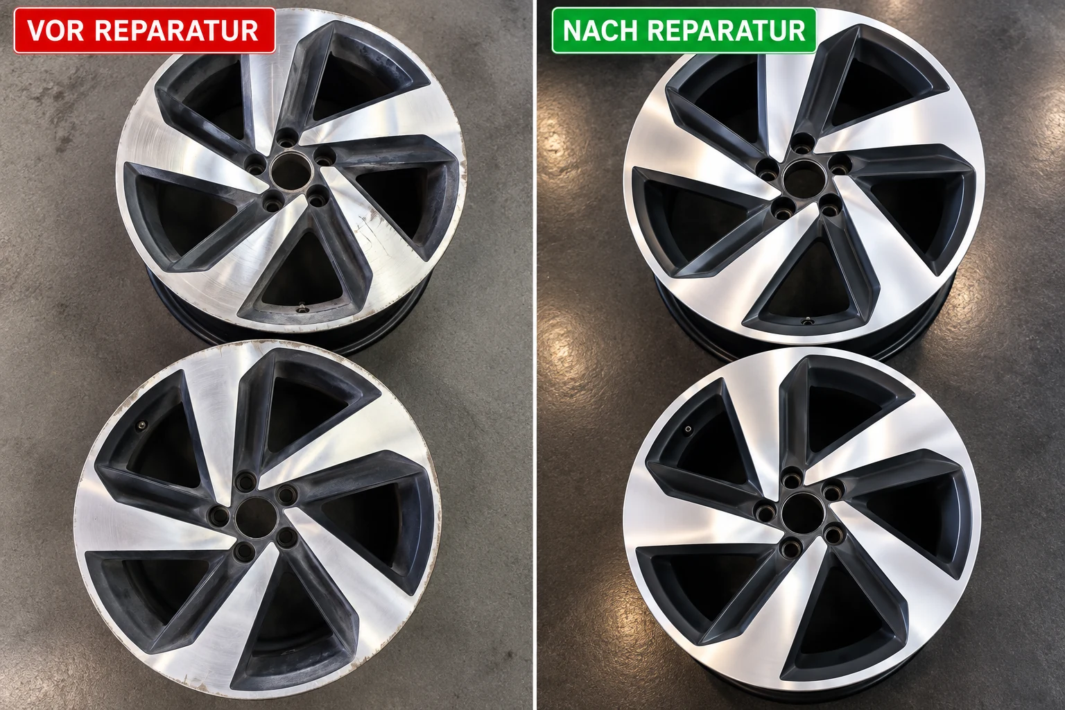 Zwei Felgen vor und nach der Aufbereitung nebeneinander