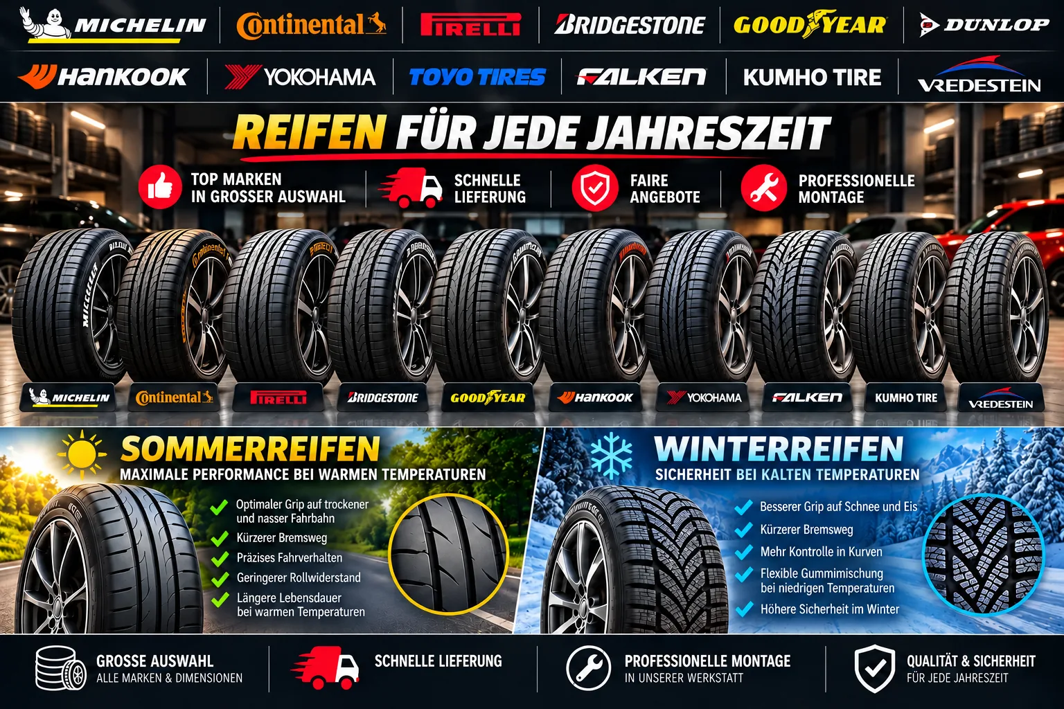Reifen verschiedener Marken mit Sommer- und Winterprofilen, Informationen zu Lieferung und Montage