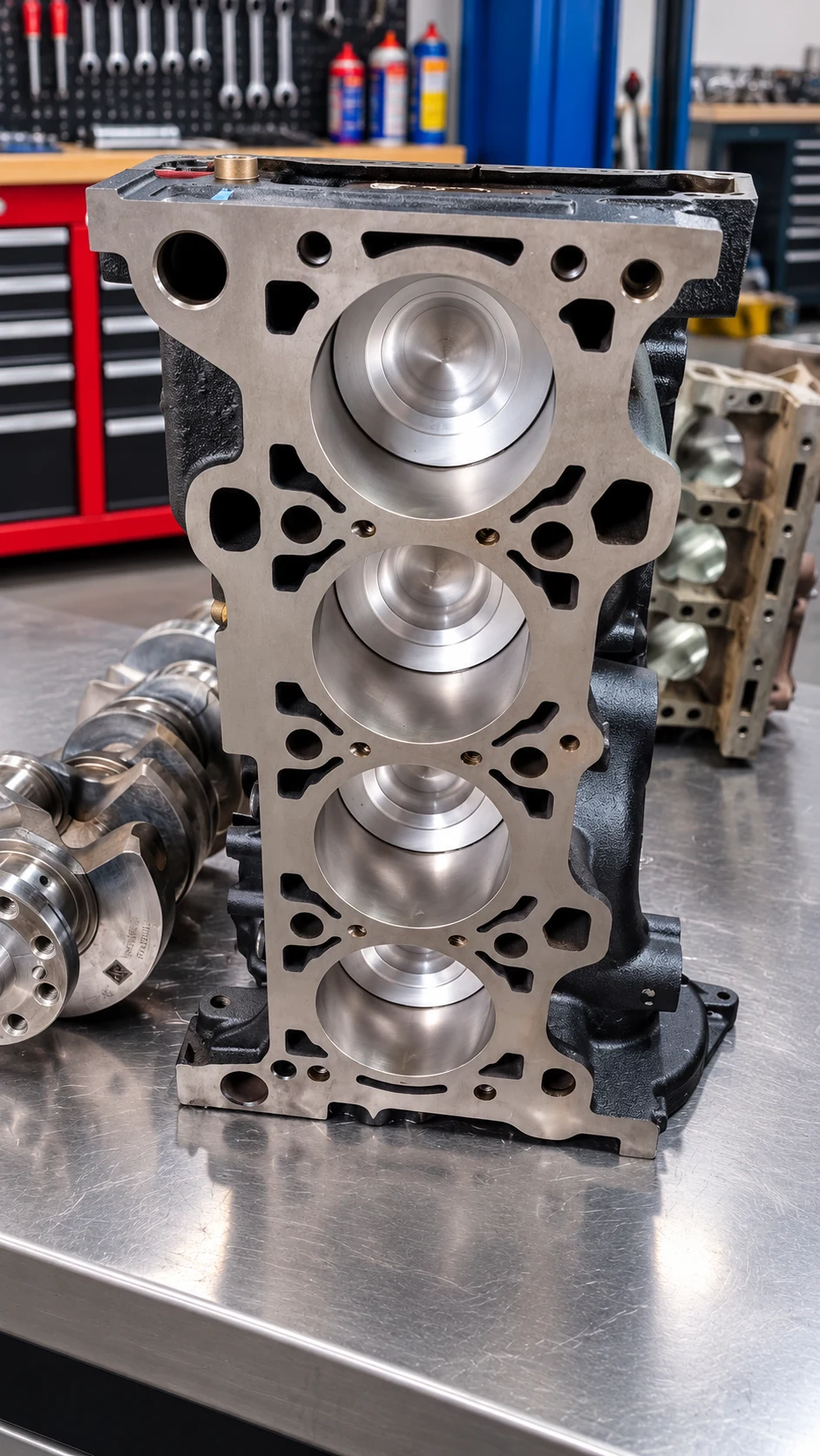 Motorblock mit sichtbaren Kolben und Kurbelwelle daneben