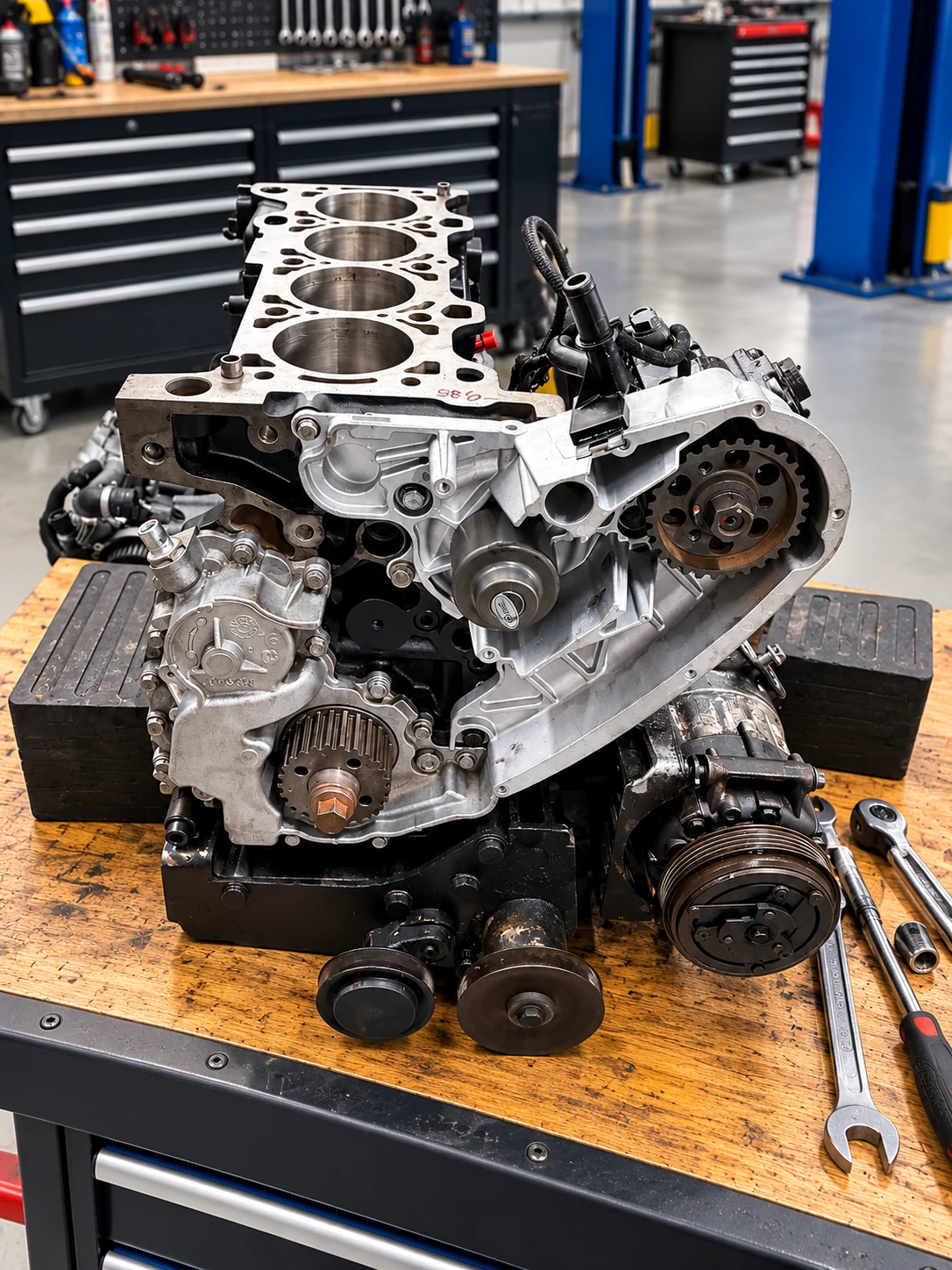 Geöffneter Motorblock mit sichtbaren Zylinderbohrungen